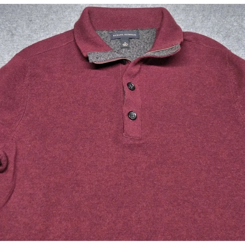 Banana Republic Merino Wool Sweater Men Medium Red Button Mock Neck Pullover